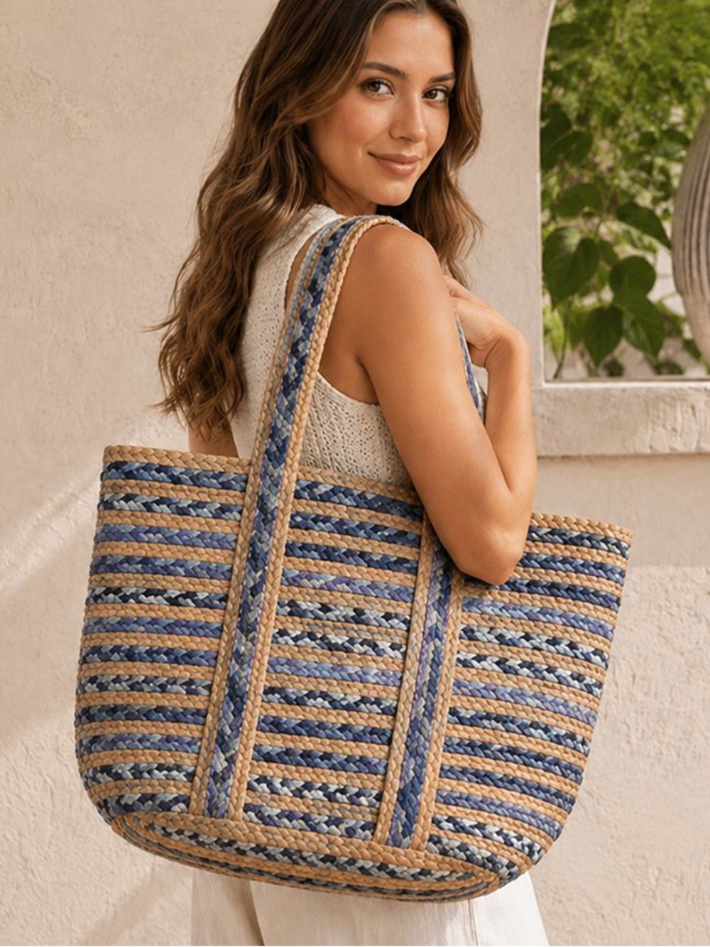 Woven Straw Tote Bag in Natural and Blue